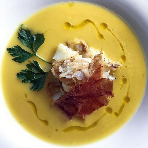 Basque Potato Leek Soup with Cod and Crispy Serrano Ham